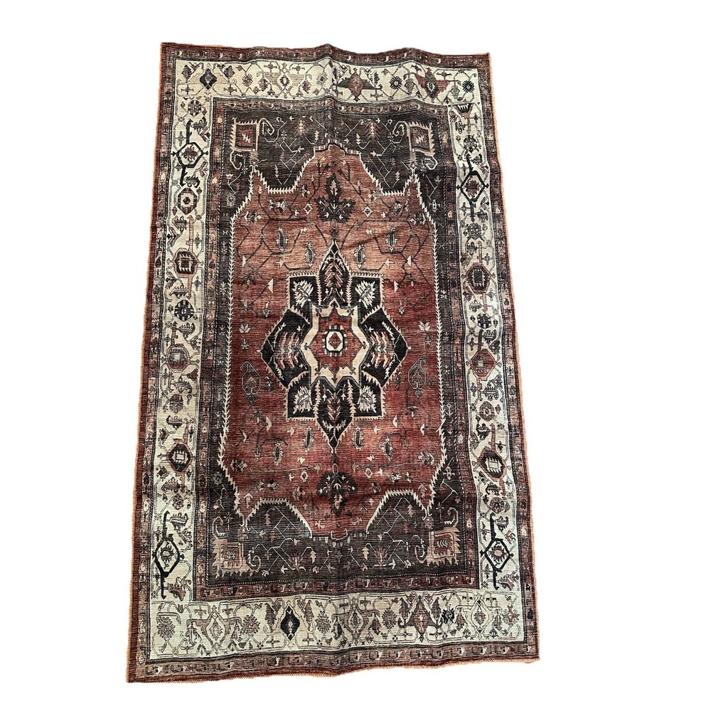 Washable Rug ~3'X5' Adiva Lavinia Terra LVN18 Dark Red Blue Cream Rectangle